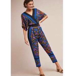 Ett:twa Anthropologie Scarf Print Floral Faux Wrap‎ Short Sleeve Jumpsuit Sz 6
